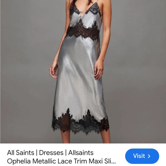 ALLSAINTS Ophelia Metallic Lace Trim Maxi Slip Dress Silver Black size 6 - Picture 8 of 8